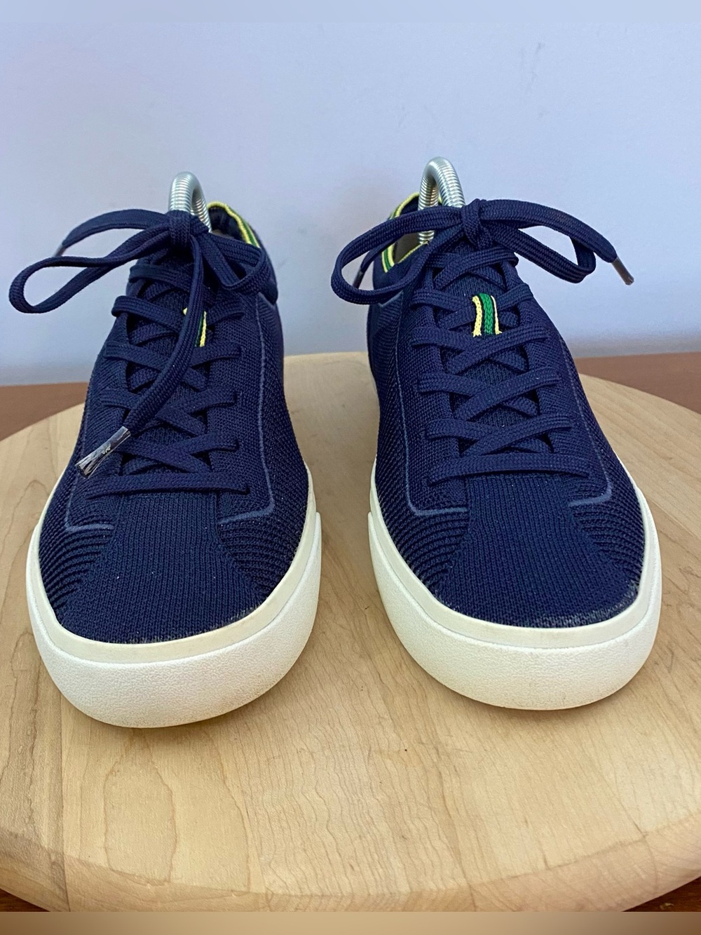 Rothy's The Lace Up Sneakers Navy Blue Yellow Trim Knit Women’s Size 10 Washable - Picture 2 of 16